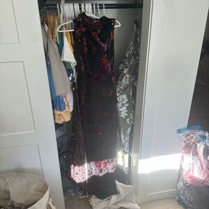 Lulu's Black Maxi Dress with Red and Magenta Floral Print